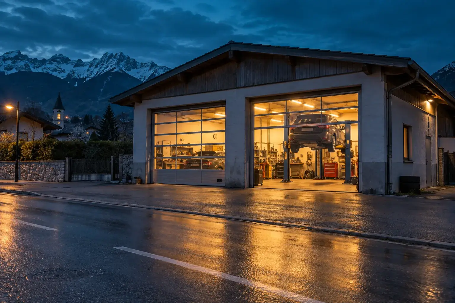 La façade du garage à l’heure bleue : deux portes sectionnelles vitrées éclairées de l’intérieur, une voiture sur le pont, la rue mouillée et les montagnes au fond.