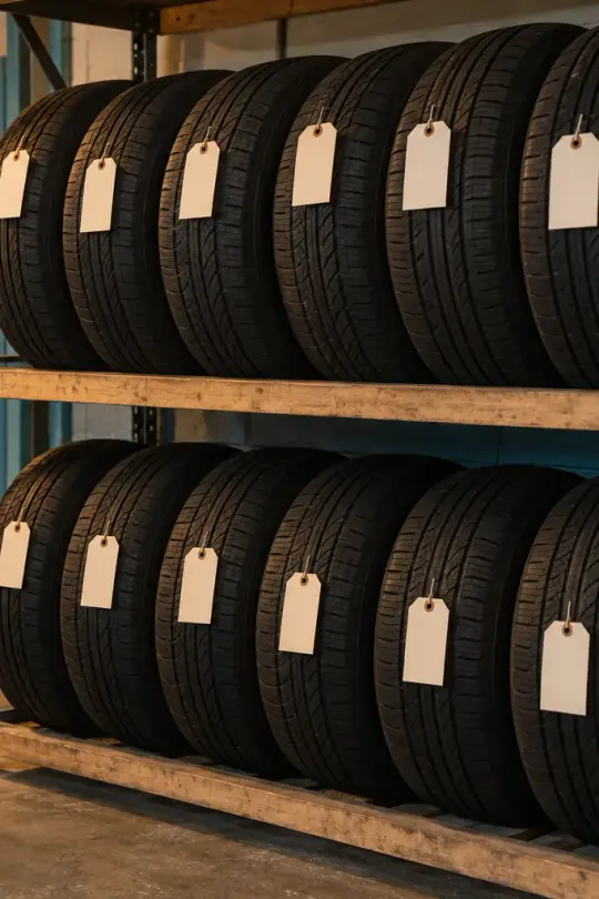 Une étagère de pneus rangés au garage, chacun avec une étiquette vierge.